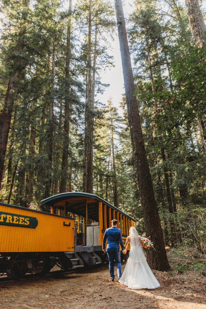 couple walking holding hands at forest wedding