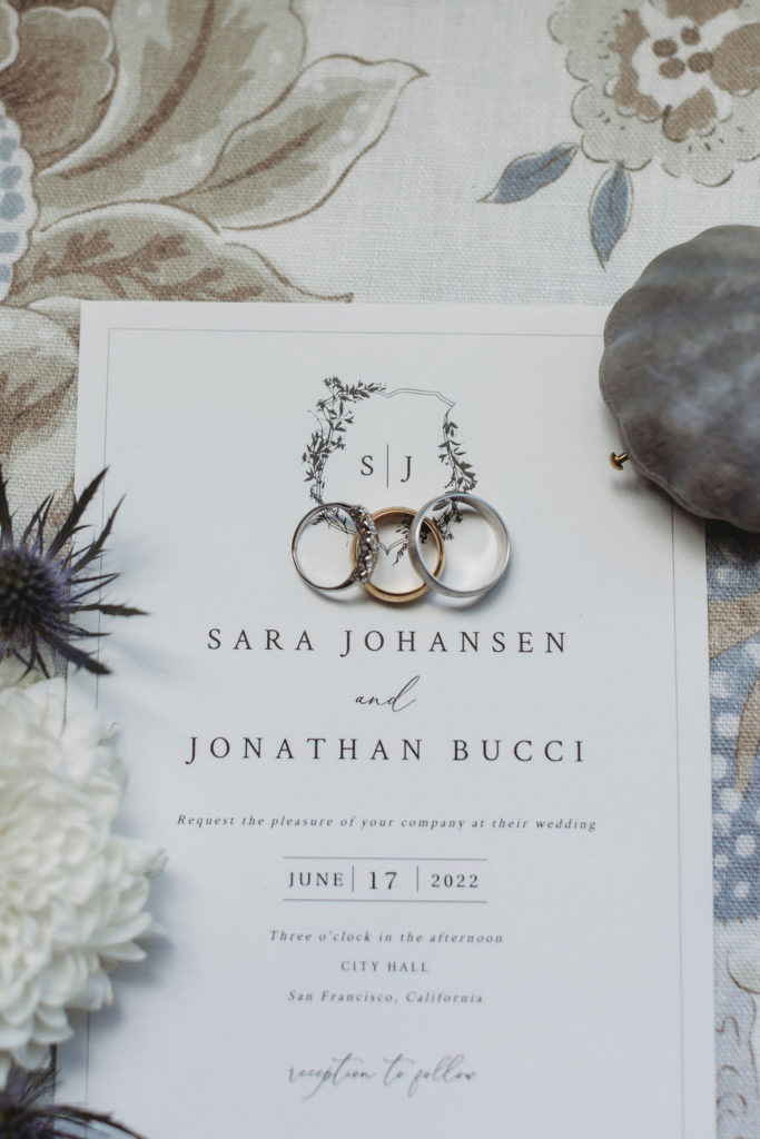 Wedding details with invites and wedding rings
