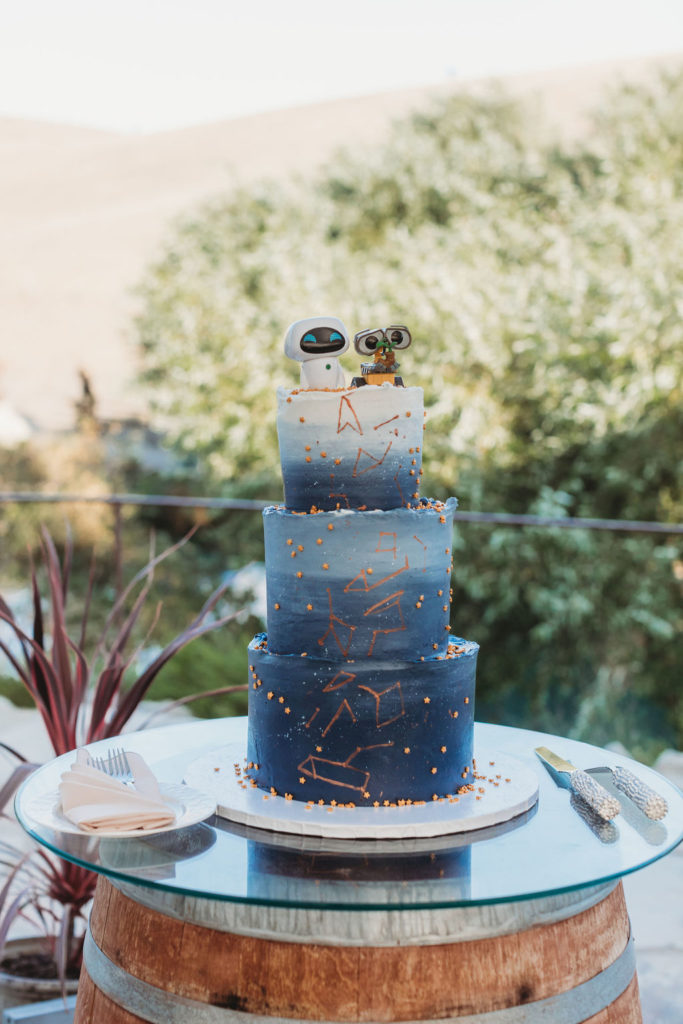wedding cake with wall-e cake topper