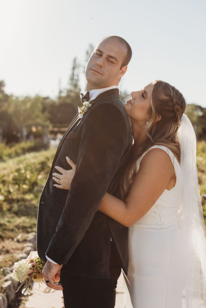 Bride and groom posing for wedding portraits in California Petaluma at Garden Valley Ranch