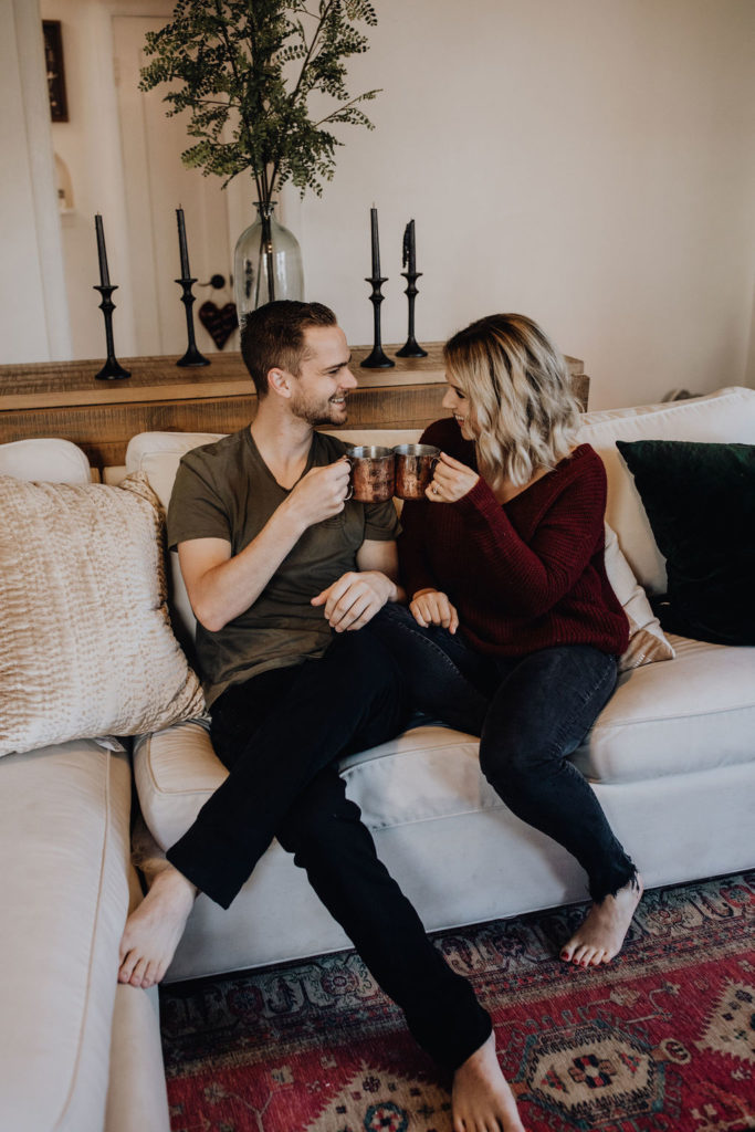 couples in home engagement session - 