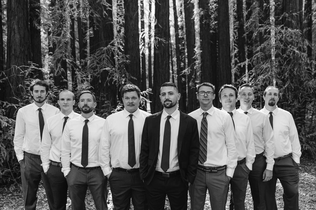 Groom and groomsman Redwood Forest wedding portraits in Mill Valley California