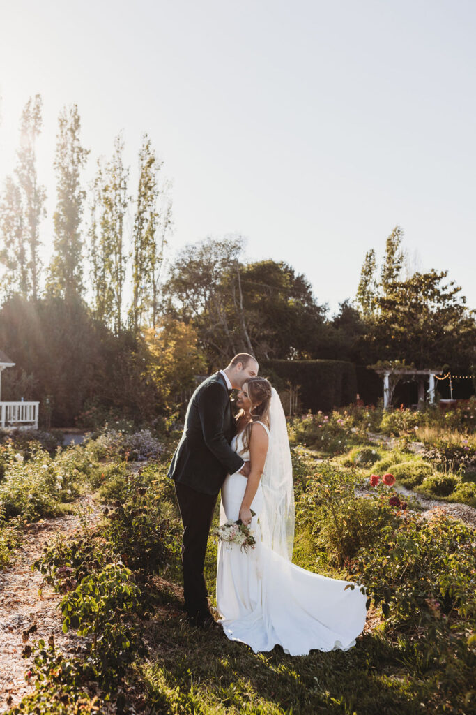 Bride and groom in garden scene at a wedding venue in Sonoma County